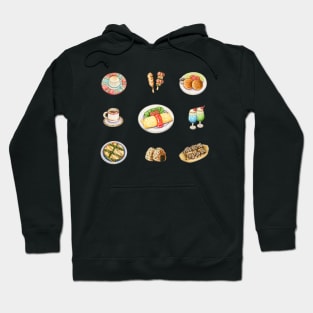 Japanese Food Illustration Menu ( Food Pack 日本美食 ) - Pudding, Yakitori, Croquette, Siphone Coffee, Omelette Rice, Melon Soda, Negiyaki, Grilled Rice Ball, Takoyaki Hoodie